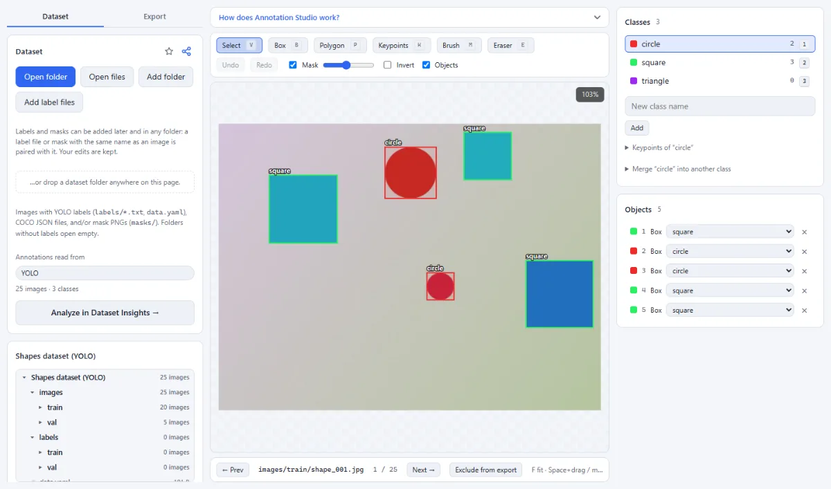 Screenshot of Annotation Studio in the browser, with sample files loaded