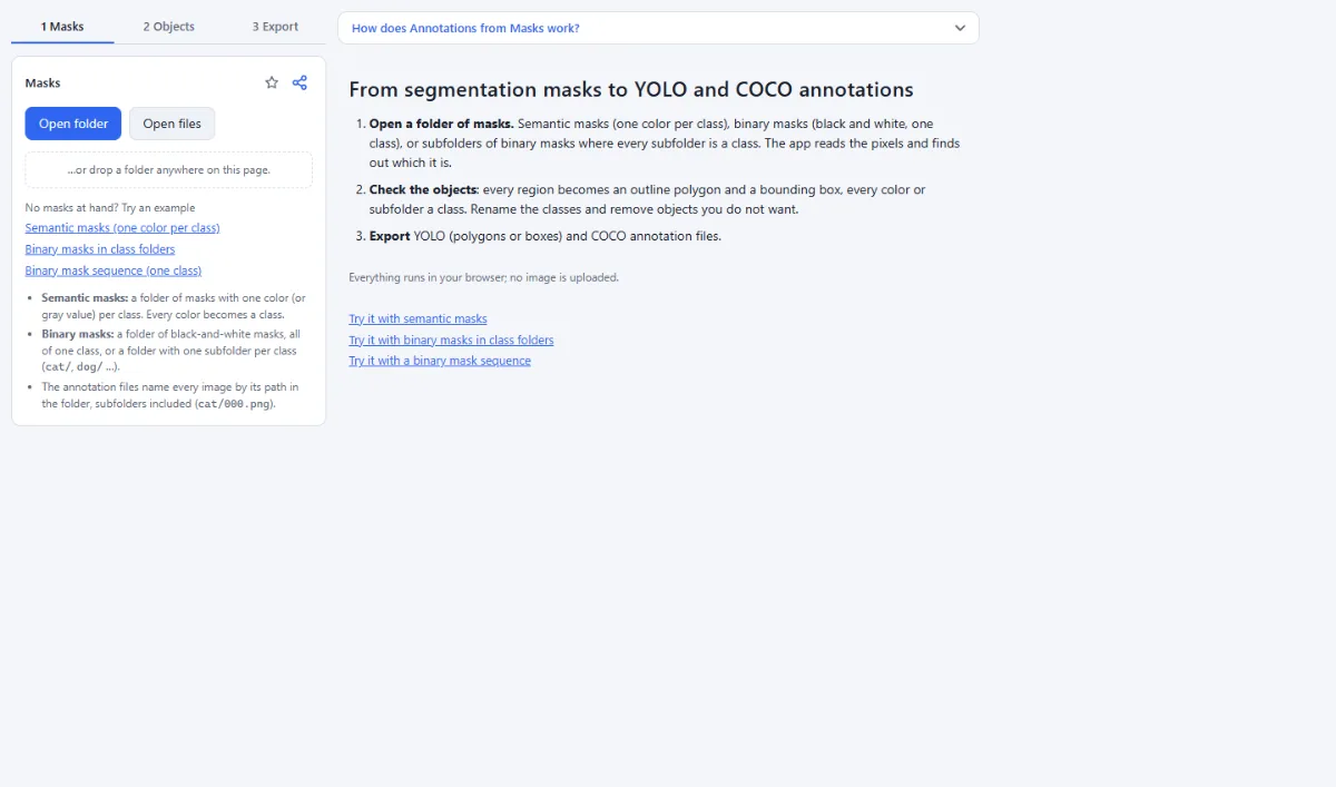 Screenshot of Annotations from Masks in the browser, with sample files loaded