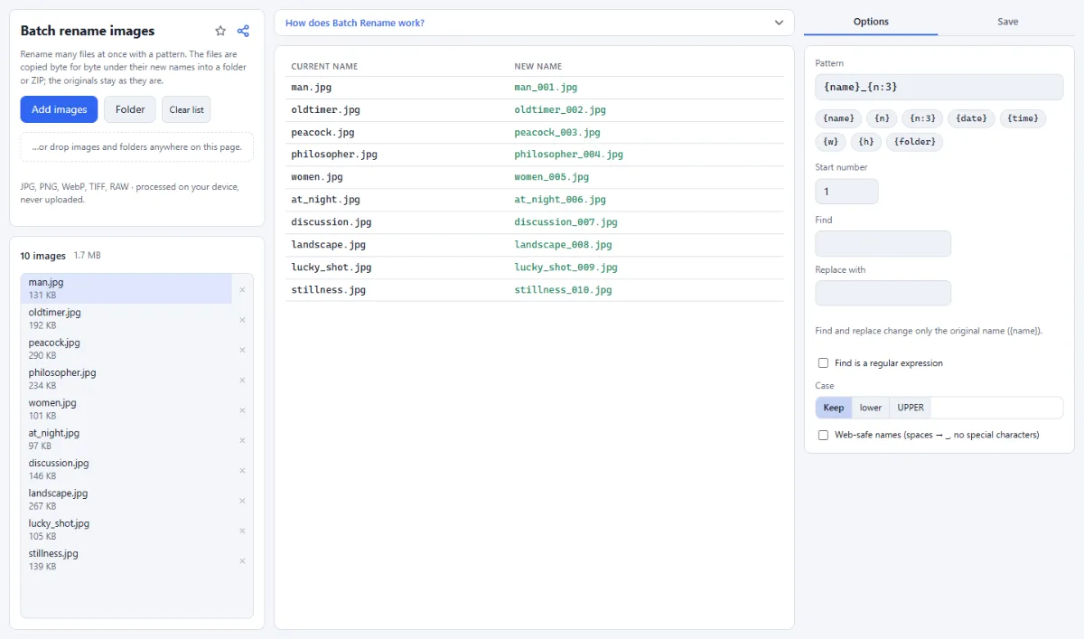 Screenshot of Batch Rename in the browser, with sample files loaded