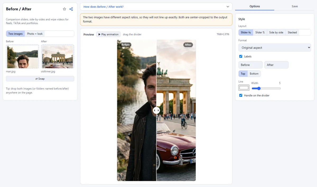 Screenshot of Before / After in the browser, with sample files loaded