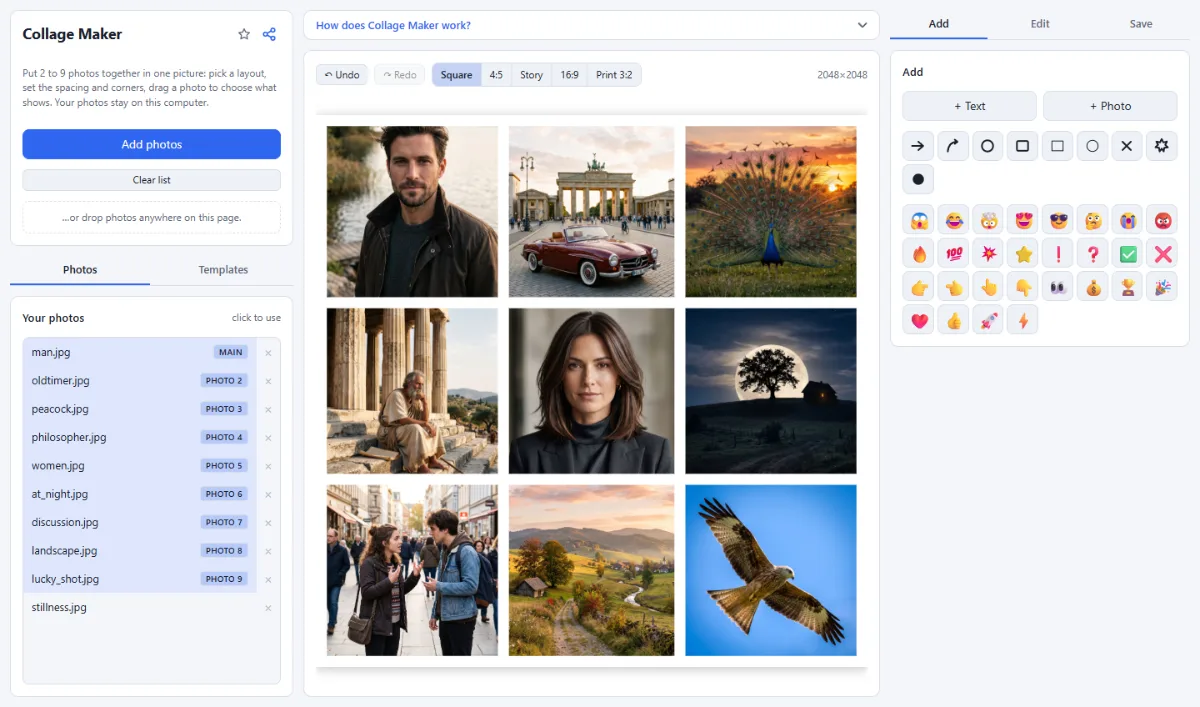 Screenshot of Collage Maker in the browser, with sample files loaded