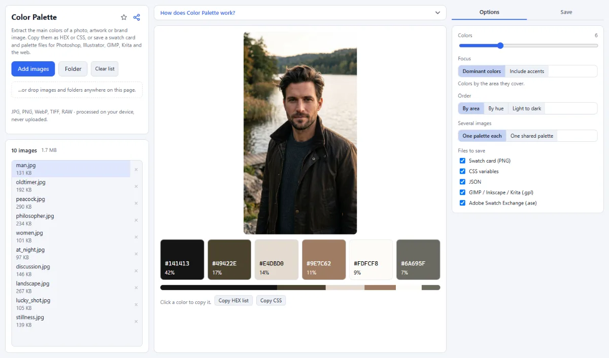 Screenshot of Color Palette in the browser, with sample files loaded
