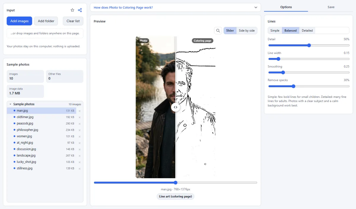 Screenshot of Photo to Coloring Page in the browser, with sample files loaded