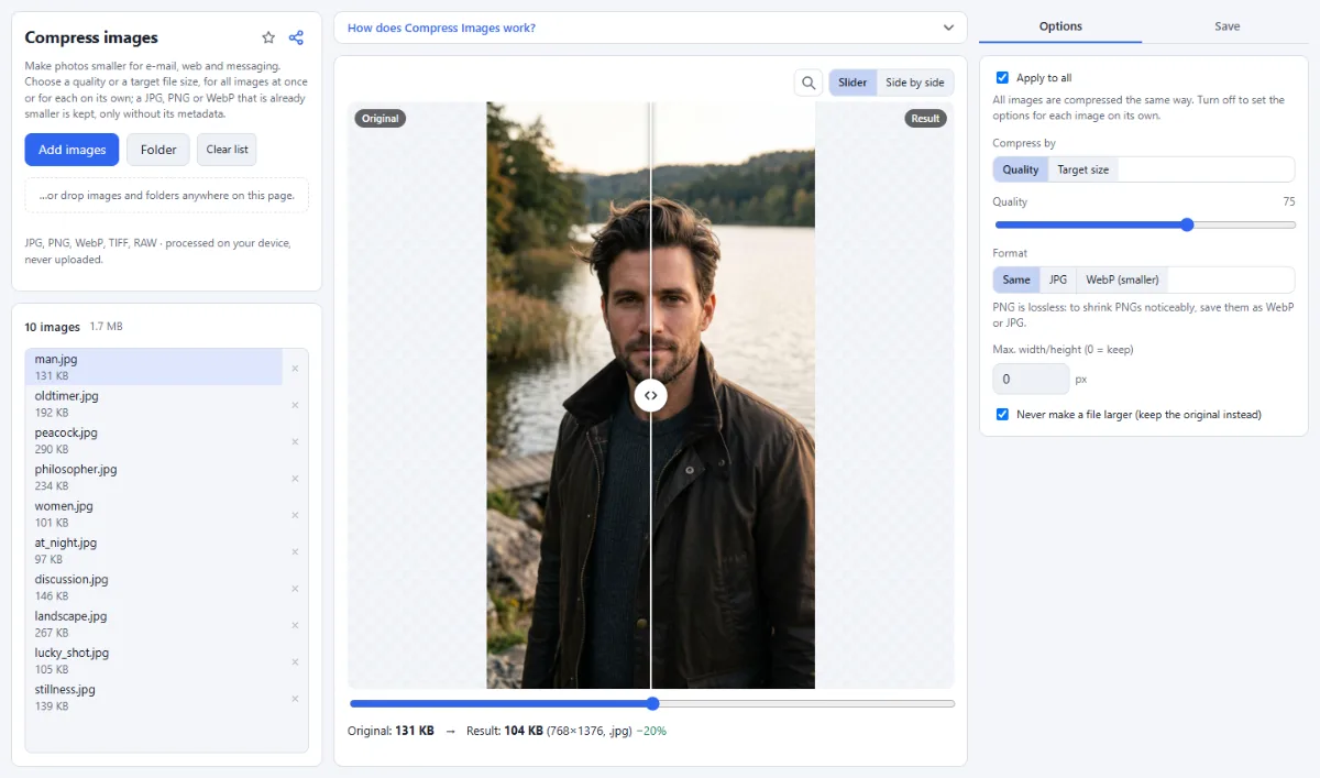 Screenshot of Compress Images in the browser, with sample files loaded