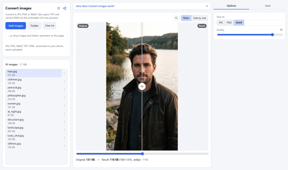 Screenshot of Convert Images in the browser, with sample files loaded