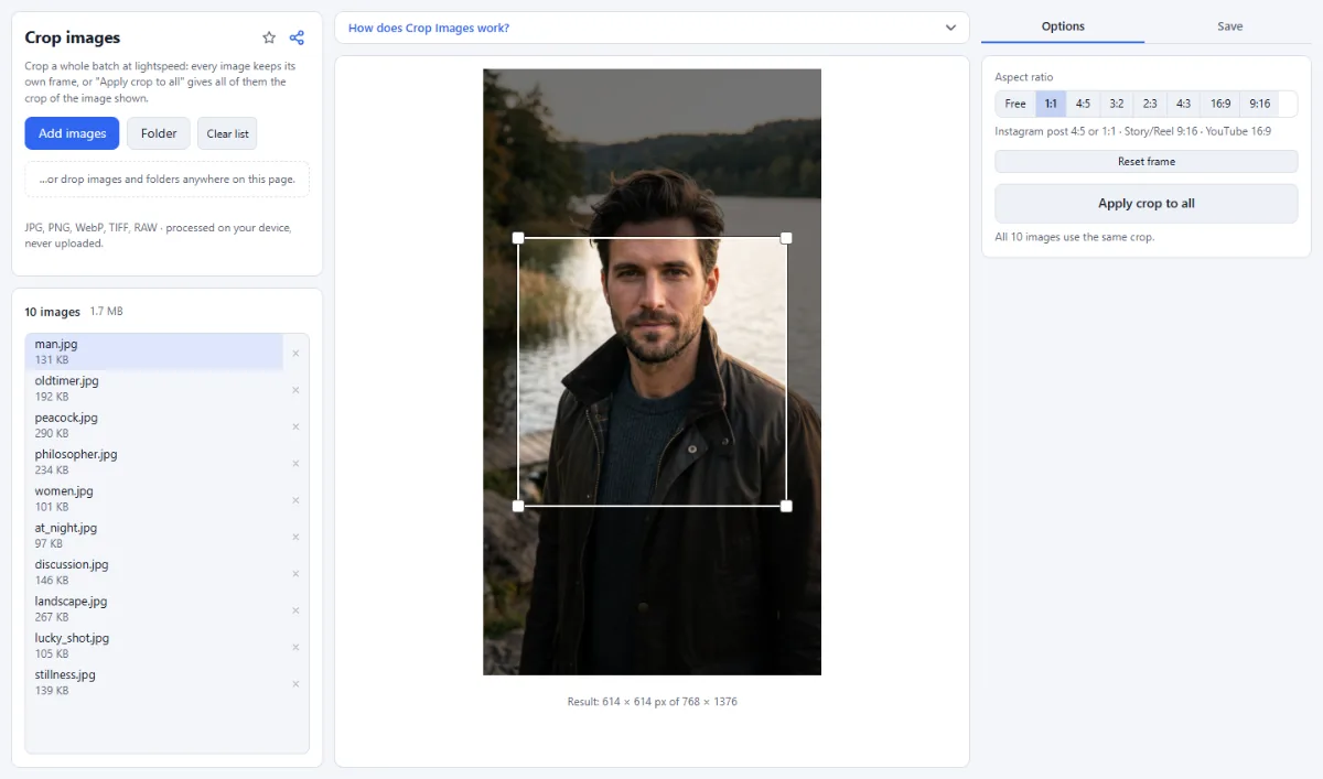 Screenshot of Crop Images in the browser, with sample files loaded