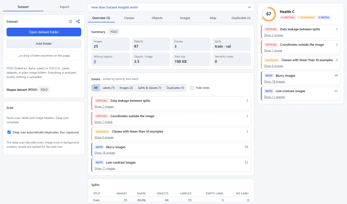 Screenshot of Dataset Insights in the browser, with sample files loaded