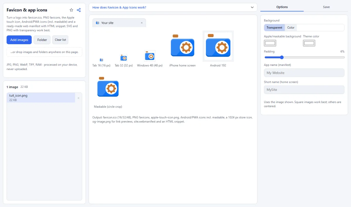 Screenshot of Favicon & App Icons in the browser, with sample files loaded