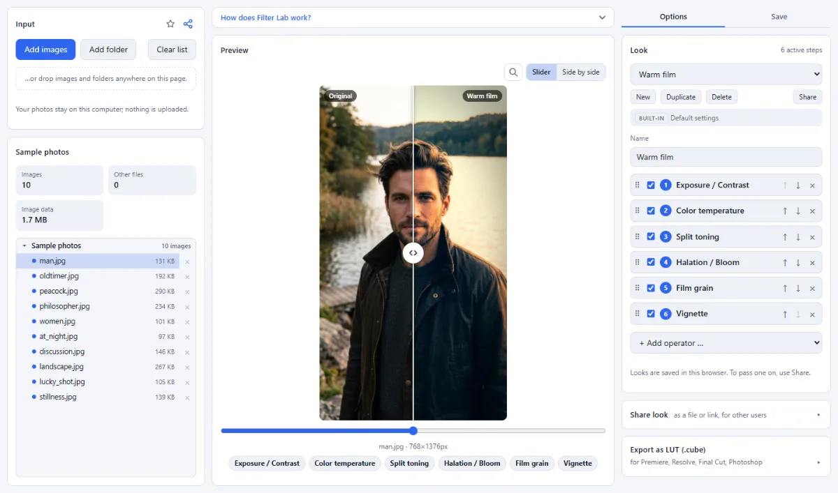Screenshot of Filter Lab in the browser, with sample files loaded