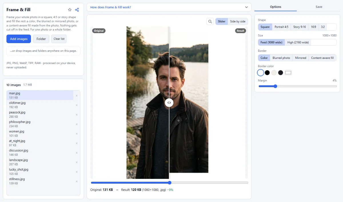 Screenshot of Frame & Fill in the browser, with sample files loaded