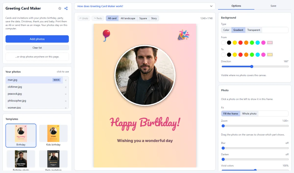 Screenshot of Greeting Card Maker in the browser, with sample files loaded