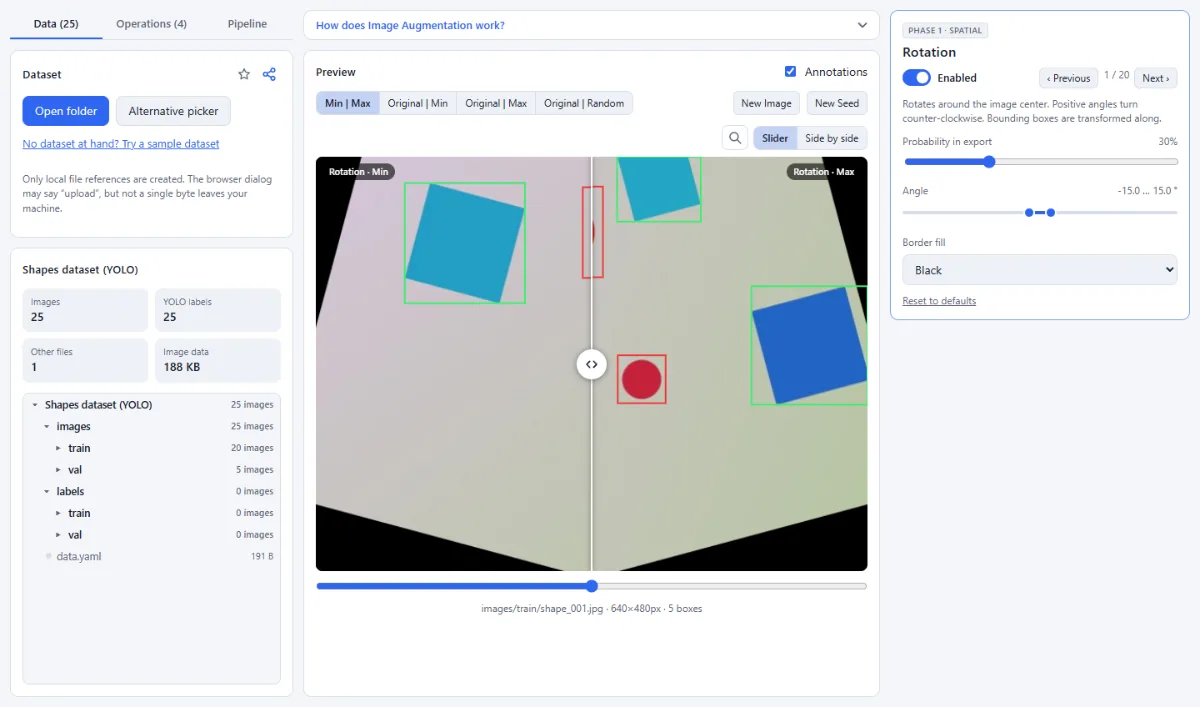 Screenshot of Image Augmentation in the browser, with sample files loaded