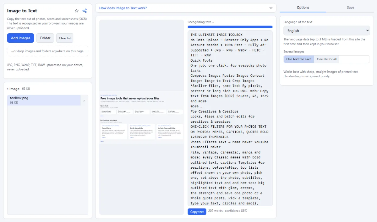 Screenshot of Image to Text in the browser, with sample files loaded