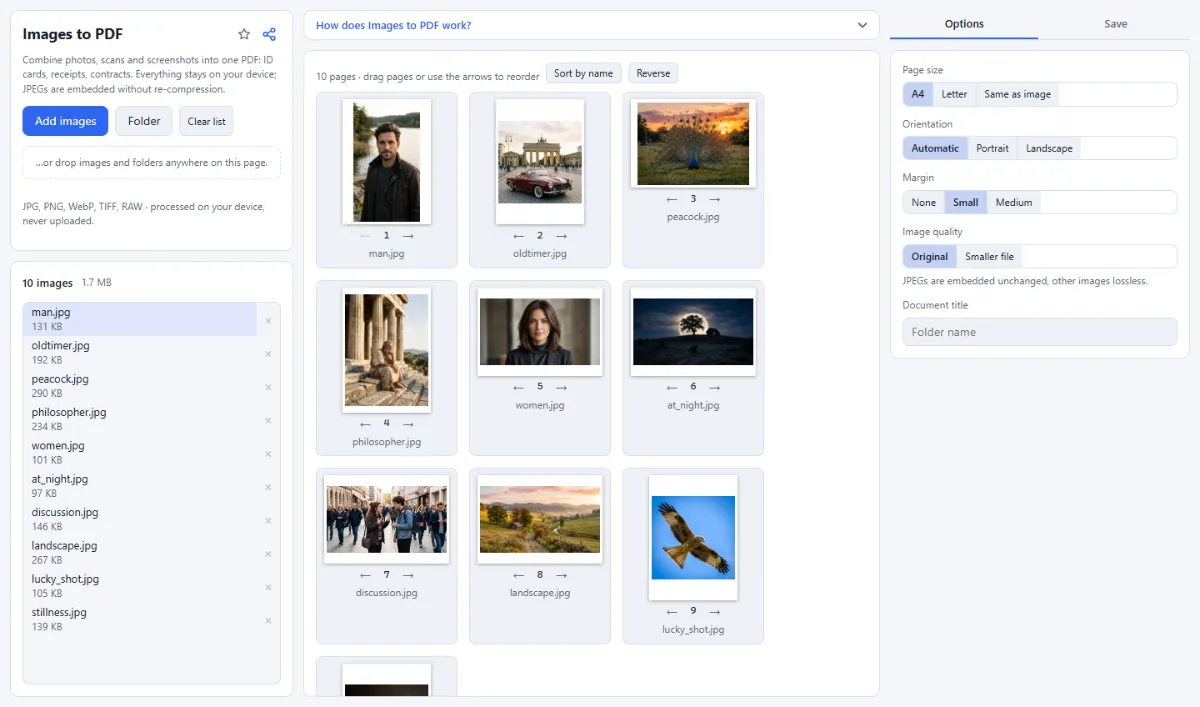 Screenshot of Images to PDF in the browser, with sample files loaded