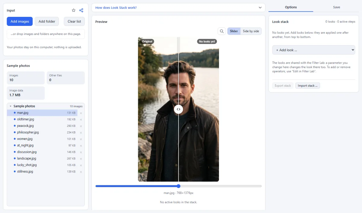 Screenshot of Look Stack in the browser, with sample files loaded