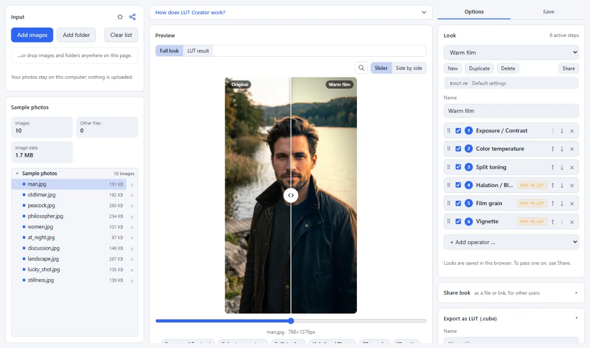 Screenshot of LUT Creator in the browser, with sample files loaded