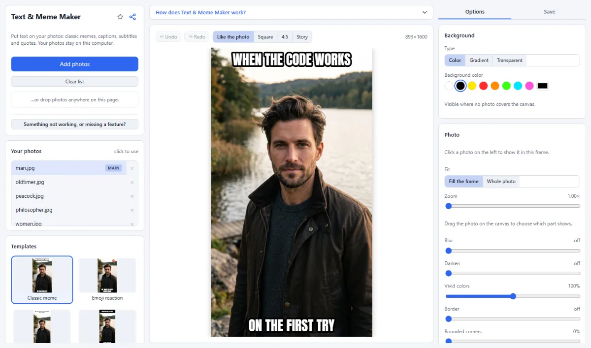 Screenshot of Text & Meme Maker in the browser, with sample files loaded