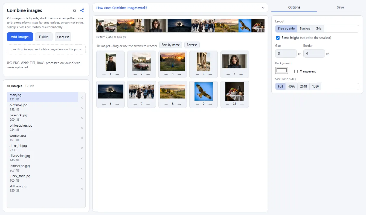 Screenshot of Combine Images in the browser, with sample files loaded