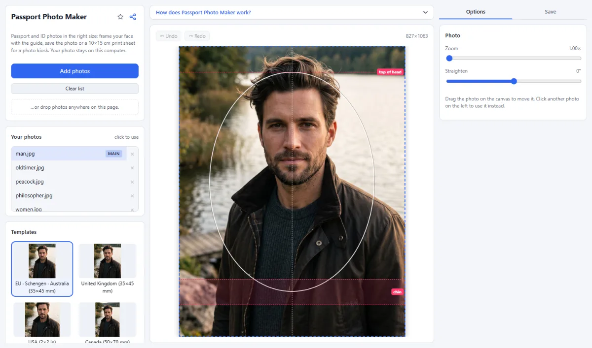 Screenshot of Passport Photo Maker in the browser, with sample files loaded