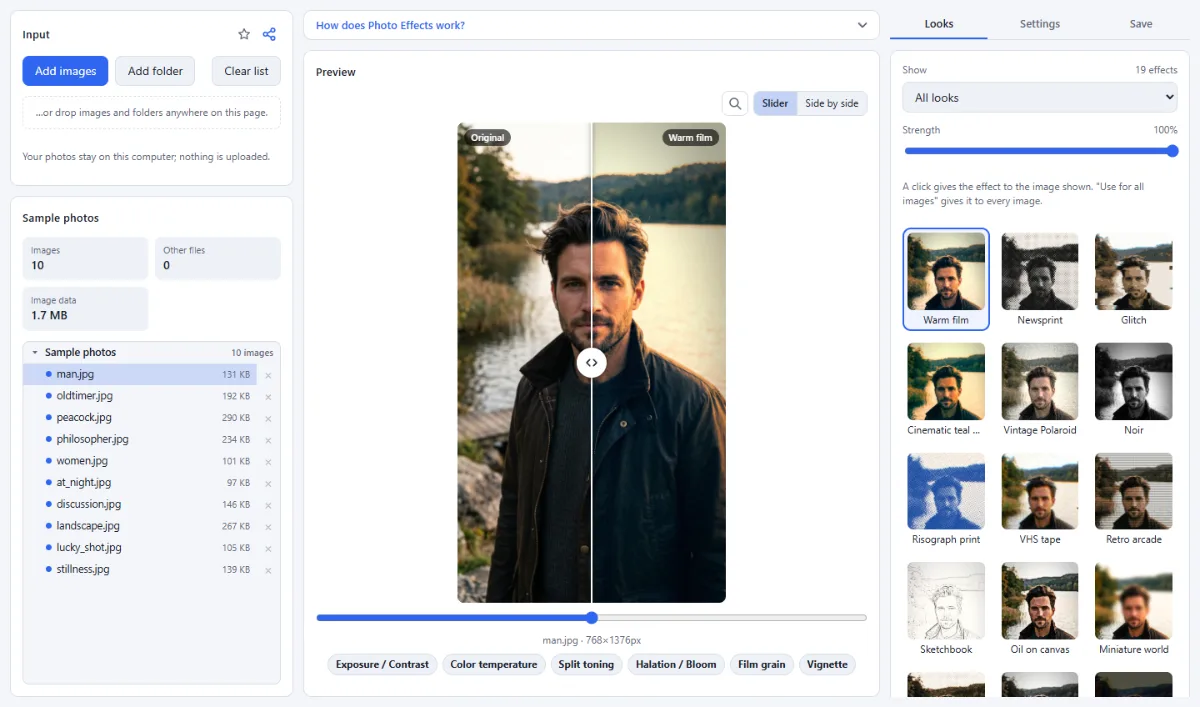 Screenshot of Photo Effects in the browser, with sample files loaded