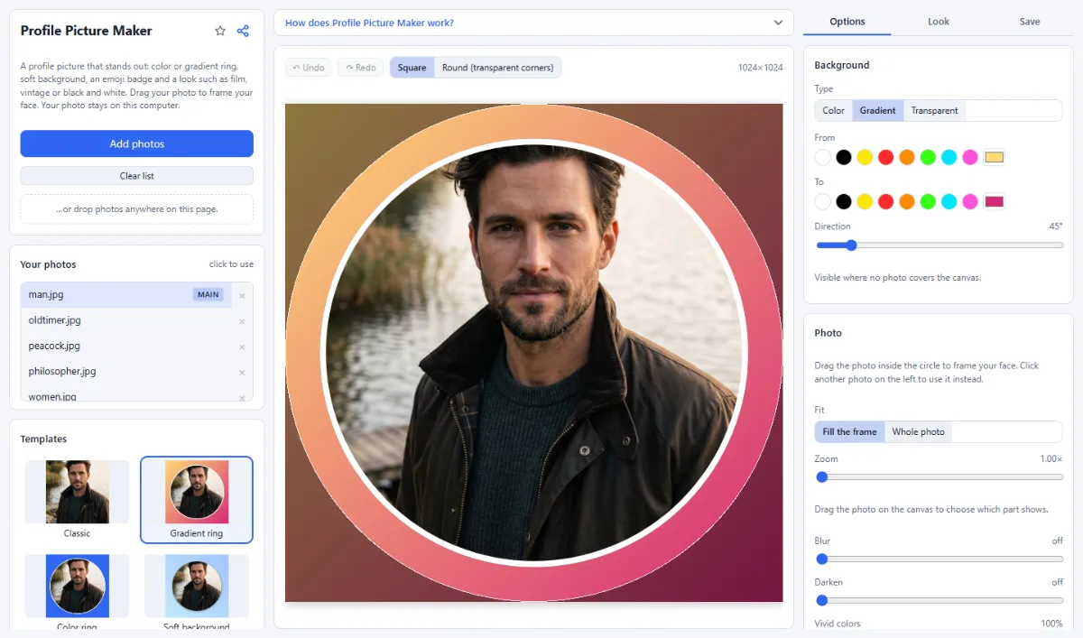 Screenshot of Profile Picture Maker in the browser, with sample files loaded