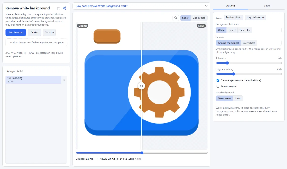 Screenshot of Remove White Background in the browser, with sample files loaded