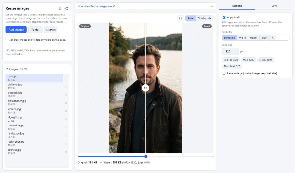 Screenshot of Resize Images in the browser, with sample files loaded