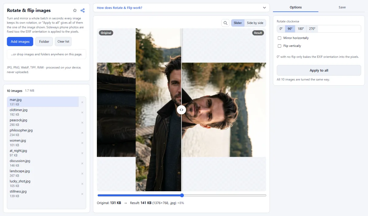 Screenshot of Rotate & Flip in the browser, with sample files loaded