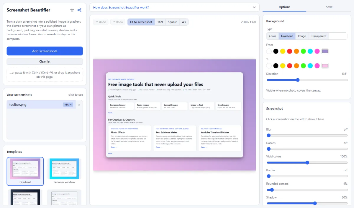 Screenshot of Screenshot Beautifier in the browser, with sample files loaded