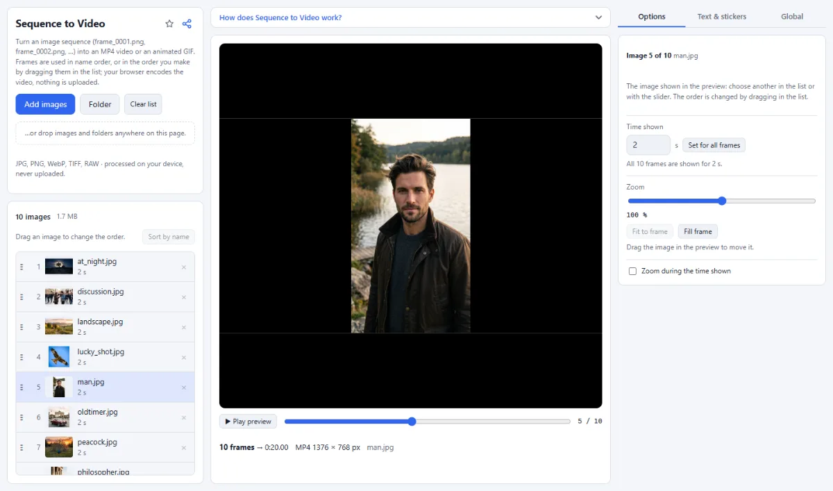 Screenshot of Sequence to Video in the browser, with sample files loaded