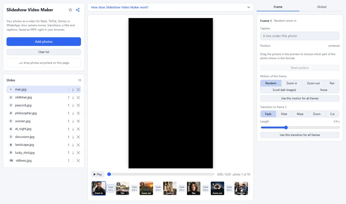 Screenshot of Slideshow Video Maker in the browser, with sample files loaded