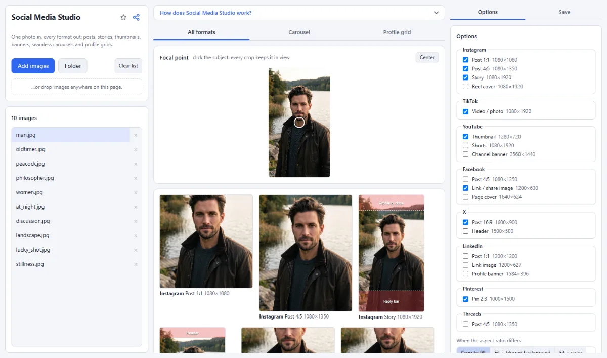 Screenshot of Social Media Studio in the browser, with sample files loaded