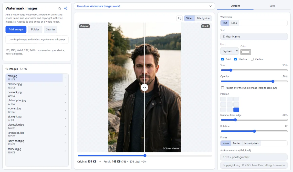 Screenshot of Watermark Images in the browser, with sample files loaded