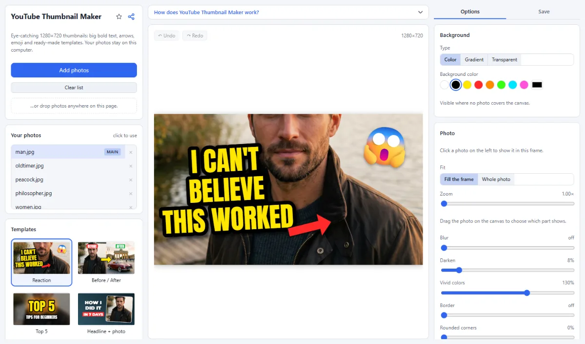 Screenshot of YouTube Thumbnail Maker in the browser, with sample files loaded